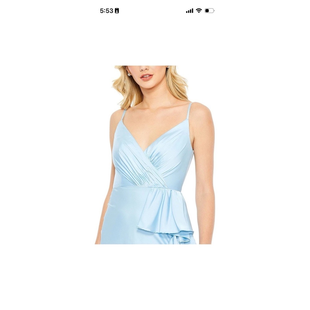Mac Duggal Blue Sleeveless V-Neck Ruffle Slit Floor-Length Maxi Dress size 4 - Picture 3 of 7